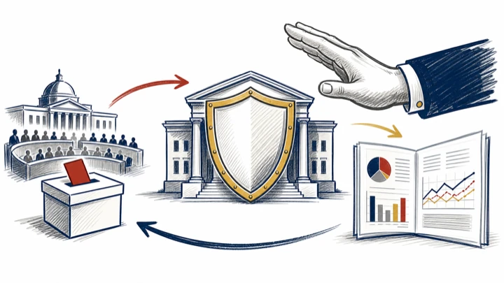 Merkez bankasının bağımsızlığını temsil eden kalkan ile demokratik görev ve kamuya hesap verme arasındaki bağlantılar.