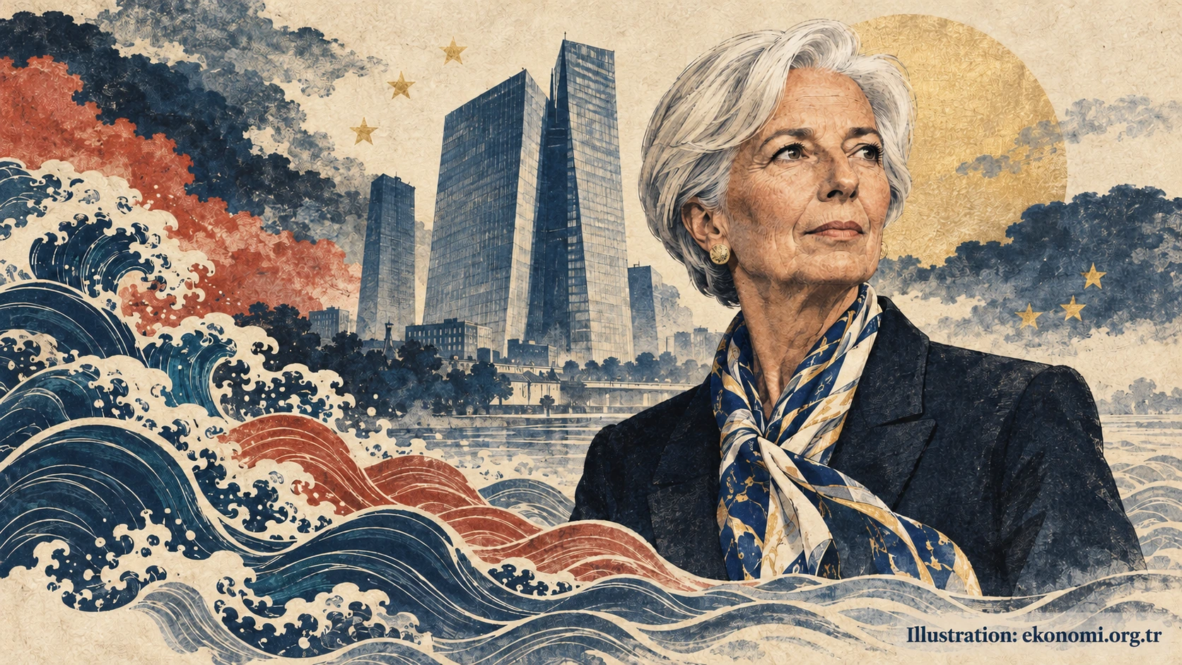 Christine Lagarde, Frankfurt’taki ECB binası ve dalga motifleri.